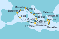 Visitando Catania (Sicilia), Atenas (Grecia), Heraklion (Creta), Mykonos (Grecia), Santorini (Grecia), La Valletta (Malta), Ibiza (España), Barcelona, Marsella (Francia), Savona (Italia), Civitavecchia (Roma), Nápoles (Italia), Palermo (Italia), La Goulette (Tunez), La Valletta (Malta), Catania (Sicilia)