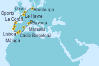 Visitando Savona (Italia), Marsella (Francia), Barcelona, Málaga, Cádiz (España), Lisboa (Portugal), Oporto (Portugal), La Coruña (Galicia/España), Le Havre (Francia), Dover (Inglaterra), Hamburgo (Alemania)