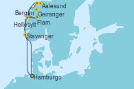 Visitando Hamburgo (Alemania), Bergen (Noruega), Hellesylt (Noruega), Geiranger (Noruega), Aalesund (Noruega), Flam (Noruega), Stavanger (Noruega), Hamburgo (Alemania)