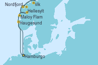 Visitando Hamburgo (Alemania), Maloy (Noruega), Hellesylt (Noruega), Nordfjordeid, Vik (Noruega), Flam (Noruega), Haugesund (Noruega), Hamburgo (Alemania)