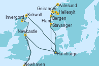 Visitando Hamburgo (Alemania), Bergen (Noruega), Hellesylt (Noruega), Geiranger (Noruega), Aalesund (Noruega), Flam (Noruega), Stavanger (Noruega), Hamburgo (Alemania), Newcastle (Reino Unido), Newhaven (Reino Unido), Invergordon (Escocia), Kirkwall (Escocia), Hamburgo (Alemania)