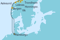 Visitando Hamburgo (Alemania), Bergen (Noruega), Leknes (Noruega), Honningsvag (Noruega), Honningsvag (Noruega), Trondheim (Noruega), Aalesund (Noruega), Vik (Noruega), Hamburgo (Alemania)