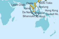 Visitando Tokio (Japón), Osaka (Japón), Kochi (Japón), Keelung (Taiwán), Hong Kong (China), Hanoi (Vietnam), Da Nang (Vietnam), Ciudad Ho Chi Minh (Vietnam), Ciudad Ho Chi Minh (Vietnam), Sihanoukville (Camboya), Ko Kood (Tailandia), Laem Chabang (Bangkok/Thailandia), Singapur