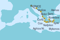 Visitando VENICE (FUSINA) - ITALY, Vodice (Croacia), Kotor (Montenegro), Corfú (Grecia), Sami (Cefalonia/Grecia), Nafplion (Grecia), Atenas (Grecia), Mykonos (Grecia), Aghios Nikolaos (Grecia), Symi (Grecia), Cos (Grecia), Kusadasi (Efeso/Turquía), Atenas (Grecia)