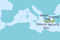 Visitando Atenas (Grecia), Mykonos (Grecia), Aghios Nikolaos (Grecia), Symi (Grecia), Cos (Grecia), Kusadasi (Efeso/Turquía), Atenas (Grecia)