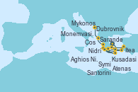 Visitando Atenas (Grecia), Mykonos (Grecia), Aghios Nikolaos (Grecia), Symi (Grecia), Cos (Grecia), Kusadasi (Efeso/Turquía), Atenas (Grecia), Santorini (Grecia), Monemvasia (Grecia), Itea (Grecia), Nidrí (Grecia), Sarande (Albania), Dubrovnik (Croacia)