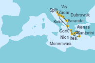 Visitando Atenas (Grecia), Santorini (Grecia), Monemvasia (Grecia), Itea (Grecia), Nidrí (Grecia), Sarande (Albania), Dubrovnik (Croacia), Kotor (Montenegro), Corfú (Grecia), Split (Croacia), Vis (Croacia), Zadar (Croacia), Dubrovnik (Croacia)