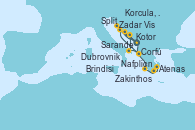 Visitando Dubrovnik (Croacia), Kotor (Montenegro), Corfú (Grecia), Split (Croacia), Vis (Croacia), Zadar (Croacia), Dubrovnik (Croacia), Korcula, Croatia, Brindisi (Italia), Sarande (Albania), Zakinthos (Grecia), Nafplion (Grecia), Atenas (Grecia)