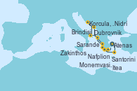 Visitando Atenas (Grecia), Santorini (Grecia), Monemvasia (Grecia), Itea (Grecia), Nidrí (Grecia), Sarande (Albania), Dubrovnik (Croacia), Korcula, Croatia, Brindisi (Italia), Sarande (Albania), Zakinthos (Grecia), Nafplion (Grecia), Atenas (Grecia)