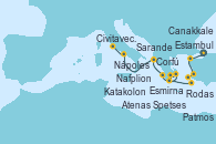 Visitando Estambul (Turquía), Canakkale (Turquía), Esmirna (Turquía), Patmos (Grecia), Rodas (Grecia), Spetses (Grecia), Atenas (Grecia), Nafplion (Grecia), Katakolon (Olimpia/Grecia), Corfú (Grecia), Sarande (Albania), Nápoles (Italia), Civitavecchia (Roma)
