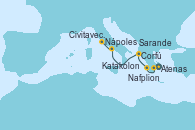 Visitando Atenas (Grecia), Nafplion (Grecia), Katakolon (Olimpia/Grecia), Corfú (Grecia), Sarande (Albania), Nápoles (Italia), Civitavecchia (Roma)
