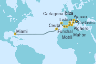 Visitando Civitavecchia (Roma), Ajaccio (Córcega), Alghero (Cerdeña), Mahón (Menorca/España), Ibiza (España), Cartagena (Murcia), Motril (Granada/Andalucía), Ceuta (España), Lisboa (Portugal), Funchal (Madeira), Miami (Florida/EEUU)
