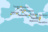 Visitando Toulon (Francia), Valencia, Palma de Mallorca (España), Argostoli (Grecia), Mykonos (Grecia), Santorini (Grecia), Heraklion (Creta), Palermo (Italia), Olbia (Cerdeña), Civitavecchia (Roma), Savona (Italia), Toulon (Francia)