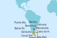 Visitando Buenos aires, Ushuaia (Argentina), Cabo de Hornos (Chile), Gerlache Strait (Antártida), Canal Schollart (Antártida), Bahía Paraíso (Antártida), Isla Elefante (Antártida), Stanley (Malvinas), Puerto Madryn (Argentina), Montevideo (Uruguay), Buenos aires