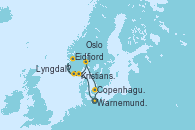 Visitando Warnemunde (Alemania), Kristiansand (Noruega), Eidfjord (Hardangerfjord/Noruega), Lyngdal	 Norway, Oslo (Noruega), Copenhague (Dinamarca), Warnemunde (Alemania)