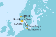 Visitando Copenhague (Dinamarca), Warnemunde (Alemania), Kristiansand (Noruega), Eidfjord (Hardangerfjord/Noruega), Lyngdal	 Norway, Oslo (Noruega), Copenhague (Dinamarca)