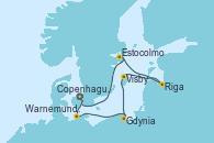 Visitando Copenhague (Dinamarca), Warnemunde (Alemania), Gdynia (Polonia), Visby (Suecia), Riga (Letonia), Estocolmo (Suecia), Copenhague (Dinamarca)