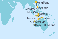 Visitando Perth (Australia), Exmouth (Australia), Broome (Australia), KURI BAY, Darwin (Australia), Lombok (Indonesia), Bali (Indonesia), Islas Komodo (Indonesia), Makassar (Ujung Pandang/Indonesia), Puerto Princesa Palawan (Filipinas), Hong Kong (China)