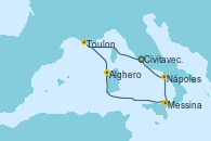 Visitando Civitavecchia (Roma), Toulon (Francia), Alghero (Cerdeña), Messina (Sicilia), Nápoles (Italia), Civitavecchia (Roma)