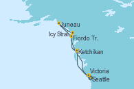 Visitando Seattle (Washington/EEUU), Ketchikan (Alaska), Fiordo Tracy Arm (Alaska), Juneau (Alaska), Icy Strait Point (Alaska), Victoria (Canadá), Seattle (Washington/EEUU)
