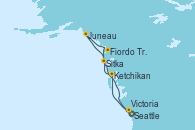 Visitando Seattle (Washington/EEUU), Ketchikan (Alaska), Sitka (Alaska), Fiordo Tracy Arm (Alaska), Juneau (Alaska), Victoria (Canadá), Seattle (Washington/EEUU)
