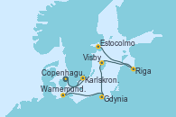 Visitando Copenhague (Dinamarca), Karlskrona (Suecia), Warnemunde (Alemania), Gdynia (Polonia), Visby (Suecia), Riga (Letonia), Estocolmo (Suecia)