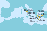 Visitando Civitavecchia (Roma), Chania (Creta/Grecia), Santorini (Grecia), Kusadasi (Efeso/Turquía), Mykonos (Grecia), Atenas (Grecia), Nápoles (Italia), Civitavecchia (Roma)