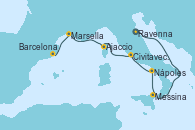 Visitando Ravenna (Italia), Messina (Sicilia), Nápoles (Italia), Civitavecchia (Roma), Ajaccio (Córcega), Marsella (Francia), Barcelona