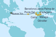 Visitando Nueva Jersey (Estados Unidos), Ponta Delgada (Azores), Lisboa (Portugal), Cádiz (España), Gibraltar (Inglaterra), Málaga, Cartagena (Murcia), Palma de Mallorca (España), Barcelona