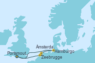 Visitando Portsmouth (Inglaterra), Zeebrugge (Bruselas), Ámsterdam (Holanda), Hamburgo (Alemania), Hamburgo (Alemania), Portsmouth (Inglaterra)