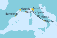Visitando Civitavecchia (Roma), Nápoles (Italia), Portofino (Italia), La Spezia, Florencia y Pisa (Italia), La Spezia, Florencia y Pisa (Italia), Niza (Francia), Marsella (Francia), Barcelona