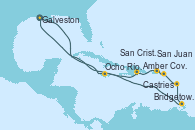 Visitando Galveston (Texas), Ocho Ríos (Jamaica), Bridgetown (Barbados), Castries (Santa Lucía/Caribe), San Cristóbal y Nieves, San Juan (Puerto Rico), Amber Cove (República Dominicana), Galveston (Texas)