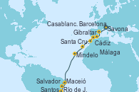 Visitando Savona (Italia), Barcelona, Málaga, Gibraltar (Inglaterra), Cádiz (España), Casablanca (Marruecos), Santa Cruz de Tenerife (España), Mindelo (Cabo Verde), Maceió (Brasil), Salvador de Bahía (Brasil), Río de Janeiro (Brasil), Santos (Brasil)