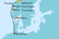 Visitando Hamburgo (Alemania), Aalesund (Noruega), Honningsvag (Noruega), Honningsvag (Noruega), Tromso (Noruega), Trondheim (Noruega), Maloy (Noruega), Bergen (Noruega), Kristiansand (Noruega), Hamburgo (Alemania)