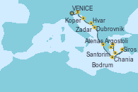 Visitando VENICE (FUSINA) -  ITALY, Koper (Eslovenia), Zadar (Croacia), Hvar (Croacia), Dubrovnik (Croacia), Argostoli (Grecia), Chania (Creta/Grecia), Bodrum (Turquia), Santorini (Grecia), Siros (Grecia), Atenas (Grecia)