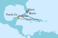 Visitando Miami (Florida/EEUU), Gran Caimán (Islas Caimán), Cozumel (México), Puerto Costa Maya (México), Bimini (Bahamas), Miami (Florida/EEUU)