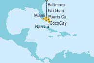 Visitando Baltimore (Maryland), Puerto Cañaveral (Florida), Miami (Florida/EEUU), CocoCay (Bahamas), Nassau (Bahamas), Isla Gran Bahama (Florida/EEUU), Baltimore (Maryland)