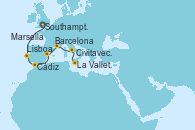 Visitando Southampton (Inglaterra), Lisboa (Portugal), Cádiz (España), Barcelona, Marsella (Francia), Civitavecchia (Roma), La Valletta (Malta)