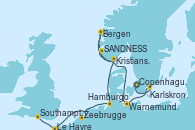 Visitando Copenhague (Dinamarca), Karlskrona (Suecia), Warnemunde (Alemania), SANDNESS (STAVANGER), Bergen (Noruega), Kristiansand (Noruega), Hamburgo (Alemania), Zeebrugge (Bruselas), Le Havre (Francia), Southampton (Inglaterra)