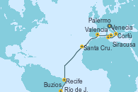 Visitando Venecia (Italia), Corfú (Grecia), Siracusa (Sicilia), Palermo (Italia), Valencia, Santa Cruz de Tenerife (España), Recife (Brasil), Buzios (Brasil), Río de Janeiro (Brasil)