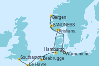 Visitando Warnemunde (Alemania), SANDNESS (STAVANGER), Bergen (Noruega), Kristiansand (Noruega), Hamburgo (Alemania), Zeebrugge (Bruselas), Le Havre (Francia), Southampton (Inglaterra)