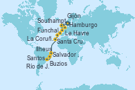 Visitando Hamburgo (Alemania), Southampton (Inglaterra), Le Havre (Francia), Gijón (Asturias/España), La Coruña (Galicia/España), Funchal (Madeira), Santa Cruz de Tenerife (España), Salvador de Bahía (Brasil), Ilheus (Brasil), Buzios (Brasil), Río de Janeiro (Brasil), Santos (Brasil)