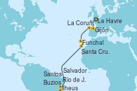 Visitando Le Havre (Francia), Gijón (Asturias/España), La Coruña (Galicia/España), Funchal (Madeira), Santa Cruz de Tenerife (España), Salvador de Bahía (Brasil), Ilheus (Brasil), Buzios (Brasil), Río de Janeiro (Brasil), Santos (Brasil)