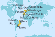 Visitando Santos (Brasil), Río de Janeiro (Brasil), Ilheus (Brasil), Salvador de Bahía (Brasil), Maceió (Brasil), Funchal (Madeira), Vigo (España), Gijón (Asturias/España), Southampton (Inglaterra), Le Havre (Francia), Zeebrugge (Bruselas), Copenhague (Dinamarca), Oslo (Noruega), Hamburgo (Alemania)