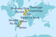 Visitando Santos (Brasil), Río de Janeiro (Brasil), Ilheus (Brasil), Salvador de Bahía (Brasil), Maceió (Brasil), Funchal (Madeira), Vigo (España), Gijón (Asturias/España), Southampton (Inglaterra), Le Havre (Francia), Zeebrugge (Bruselas), Copenhague (Dinamarca)