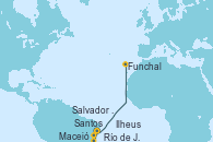 Visitando Santos (Brasil), Río de Janeiro (Brasil), Ilheus (Brasil), Salvador de Bahía (Brasil), Maceió (Brasil), Funchal (Madeira)