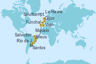 Visitando Santos (Brasil), Río de Janeiro (Brasil), Ilheus (Brasil), Salvador de Bahía (Brasil), Maceió (Brasil), Funchal (Madeira), Vigo (España), Gijón (Asturias/España), Southampton (Inglaterra), Le Havre (Francia)