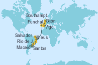 Visitando Santos (Brasil), Río de Janeiro (Brasil), Ilheus (Brasil), Salvador de Bahía (Brasil), Maceió (Brasil), Funchal (Madeira), Vigo (España), Gijón (Asturias/España), Southampton (Inglaterra)