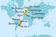 Visitando Río de Janeiro (Brasil), Ilheus (Brasil), Salvador de Bahía (Brasil), Maceió (Brasil), Funchal (Madeira), Vigo (España), Gijón (Asturias/España), Southampton (Inglaterra), Le Havre (Francia), Zeebrugge (Bruselas), Copenhague (Dinamarca), Oslo (Noruega), Hamburgo (Alemania)