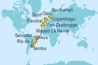 Visitando Santos (Brasil), Río de Janeiro (Brasil), Ilheus (Brasil), Salvador de Bahía (Brasil), Maceió (Brasil), Funchal (Madeira), Vigo (España), Gijón (Asturias/España), Southampton (Inglaterra), Le Havre (Francia), Zeebrugge (Bruselas), Copenhague (Dinamarca), Oslo (Noruega)